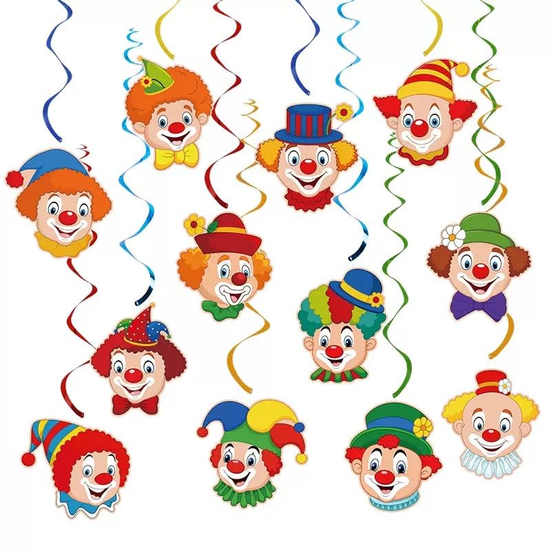 Faschingsdeko Clown Girlande 12 Stück Spiral Girlanden Karneval Deko Extra Reißfest & Farbstabil Hängedeko für Zirkus Party Geburtstag Kinder Deckenhänger (Clown Motiv Bunt)