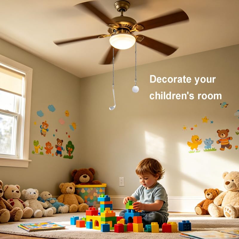 Image of 2pcs Ceiling Fan Pull Chain Ornament, 12 inch Ball Chain Golf Ball Set Fan Light Pulls for Kid Room Decorative Extension,Sliver Chain