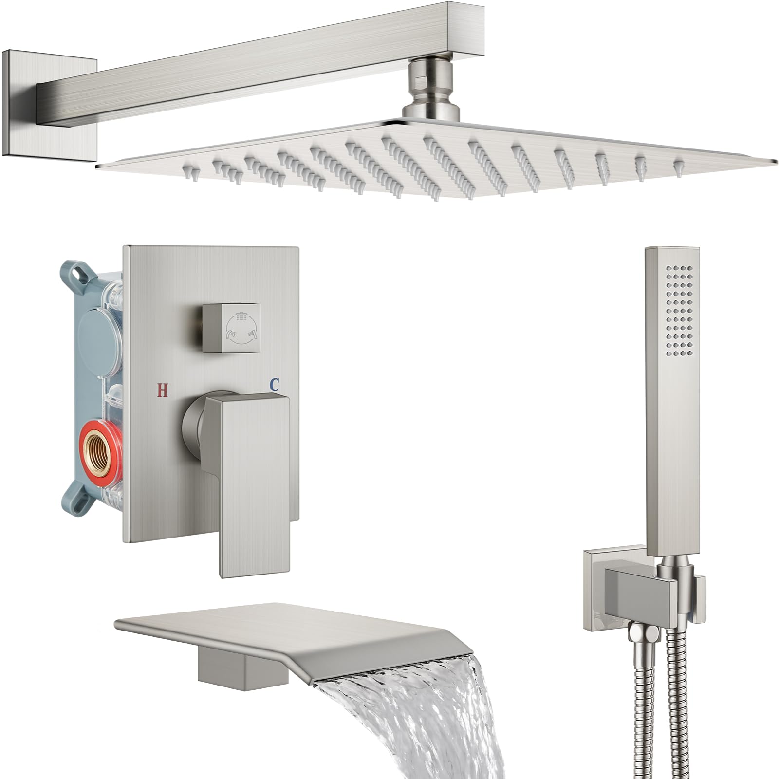 Hcfyauis Brushed Nickel Rain Shower System With Tub Spout,Tub Shower Faucet Set With Rainfall Shower Head And Handheld Spray,Wall Mount Tub Shower Combo Rough-In Valve Included,10 Inch