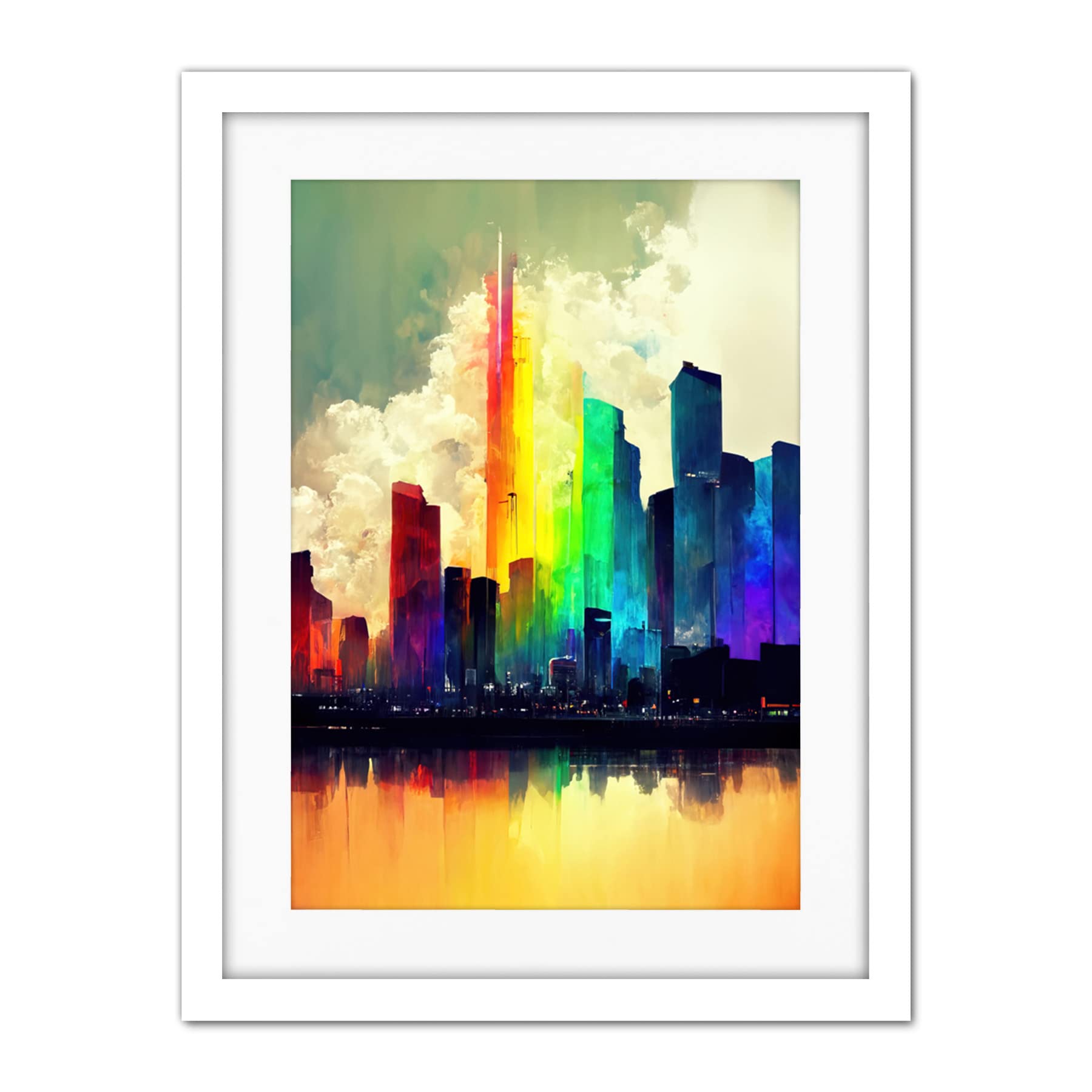 Doppelganger33 LTD Glass City of Rainbow Reflections Cityscape Artwork Framed Wall Art Print 18X24 inch