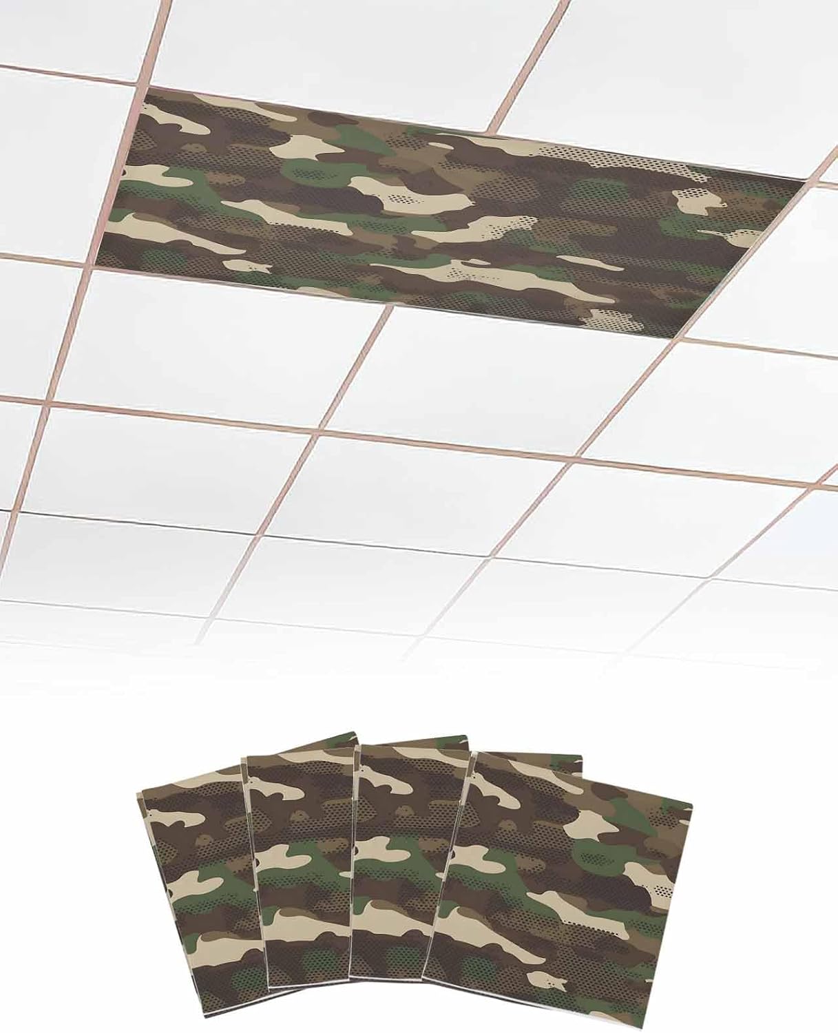 Fluorescent Light Covers for Ceiling Lights Military Camouflage Magnetic Light Filters 4 Pack 4x2 ft Army Soldiers Green Ceiling Light Cover for Classroom Office School Home Drop Lamp Decor