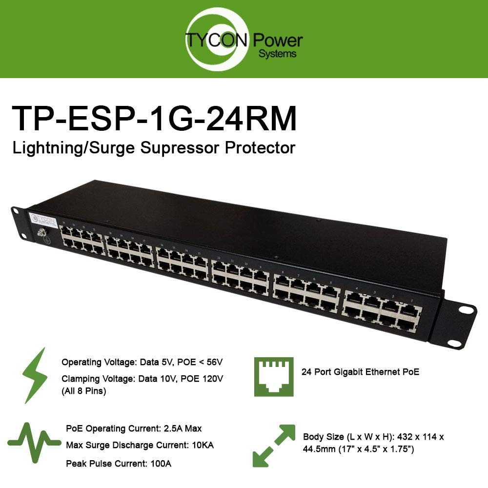 Tycon Power Systems - TP-ESP-1G-24RM - Network Lightning/Surge Protector, 24 Port Rack Mount, 1Gbps Data Rate, LAN/PoE 70V Clamp Voltage, 10KA Surge