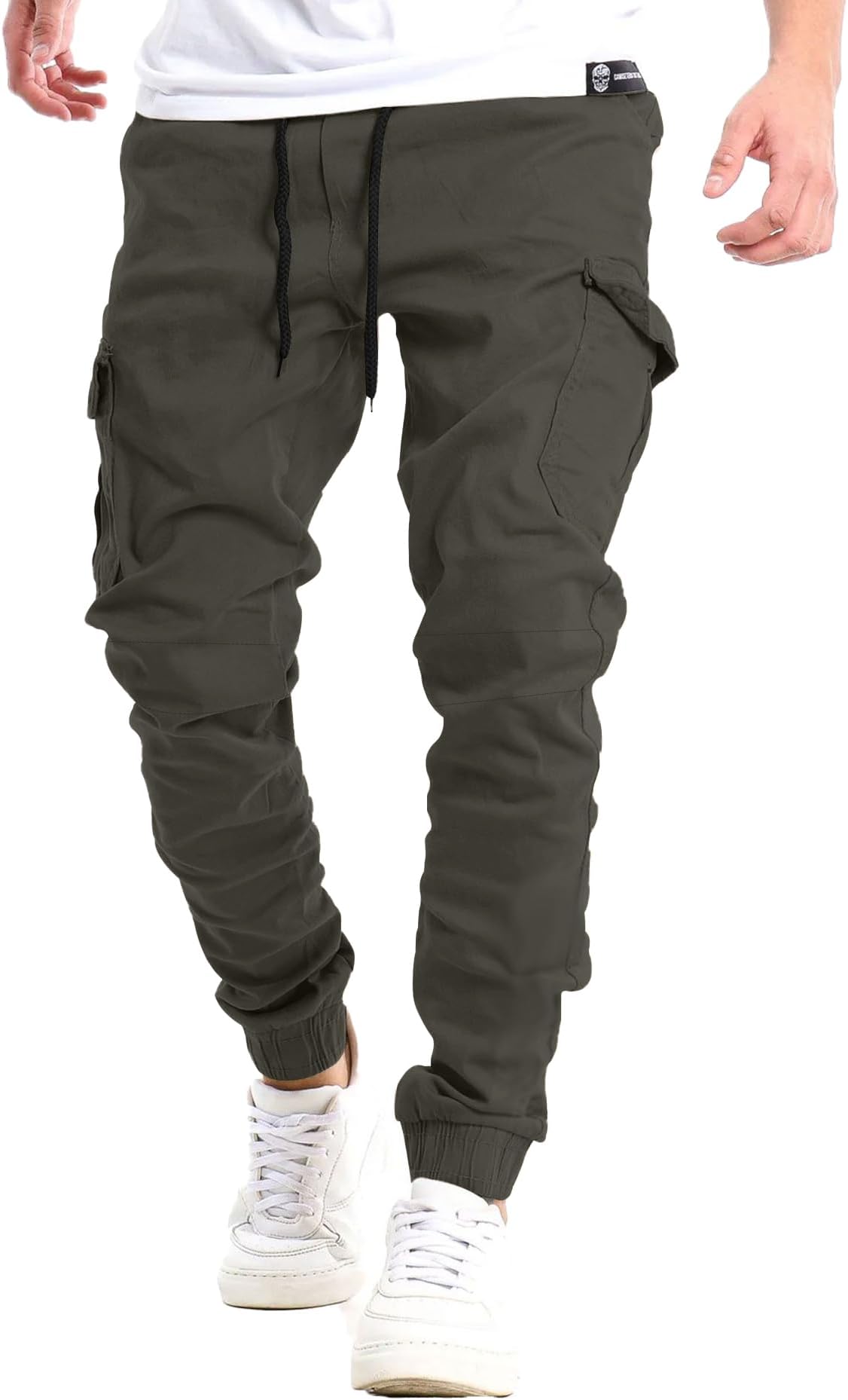 YAOHUOLEMens Cuffed Cargo Trousers Casual Cotton Cargo Joggers Slim Fit Tactical Work Jogging Pants with Drawstring Elastic Waist