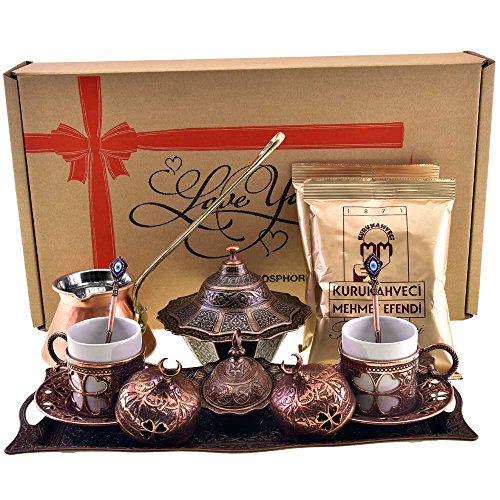 Demmex Copperbull 2018 turc grec arabe Tasses à café Pot de fleurs avec ensemble de plateau et café, 16 pièces Antique Brown Set with Hammered Pot Cover