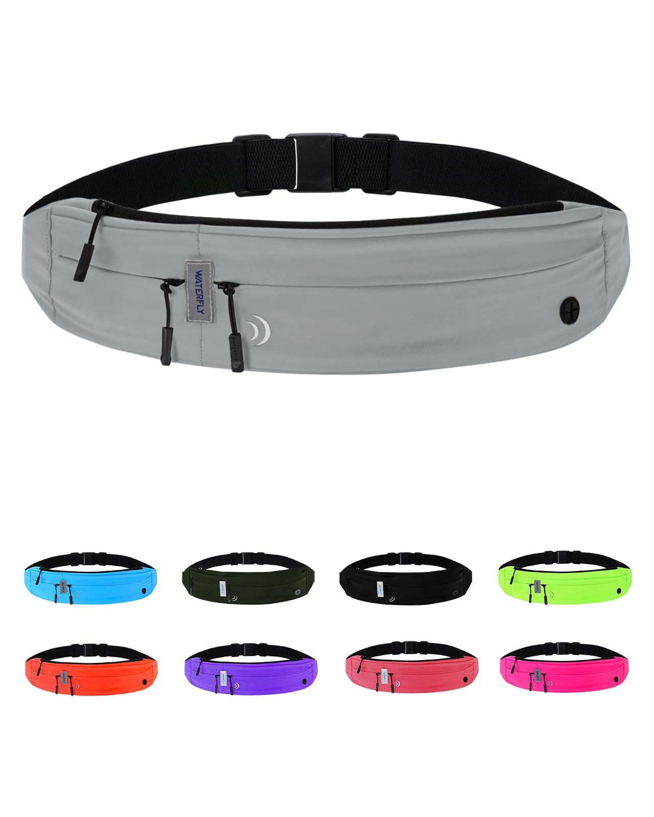 WATERFLY Laufgürtel für Handy Gürteltasche Joggen Lauf Flache Bauchtasche | Hochelastisches Gewebe, Wasserabweisend, 3 Separate Fächer, mit Kopfhöreranschluss, für Die Meisten Smartphones Geeignet