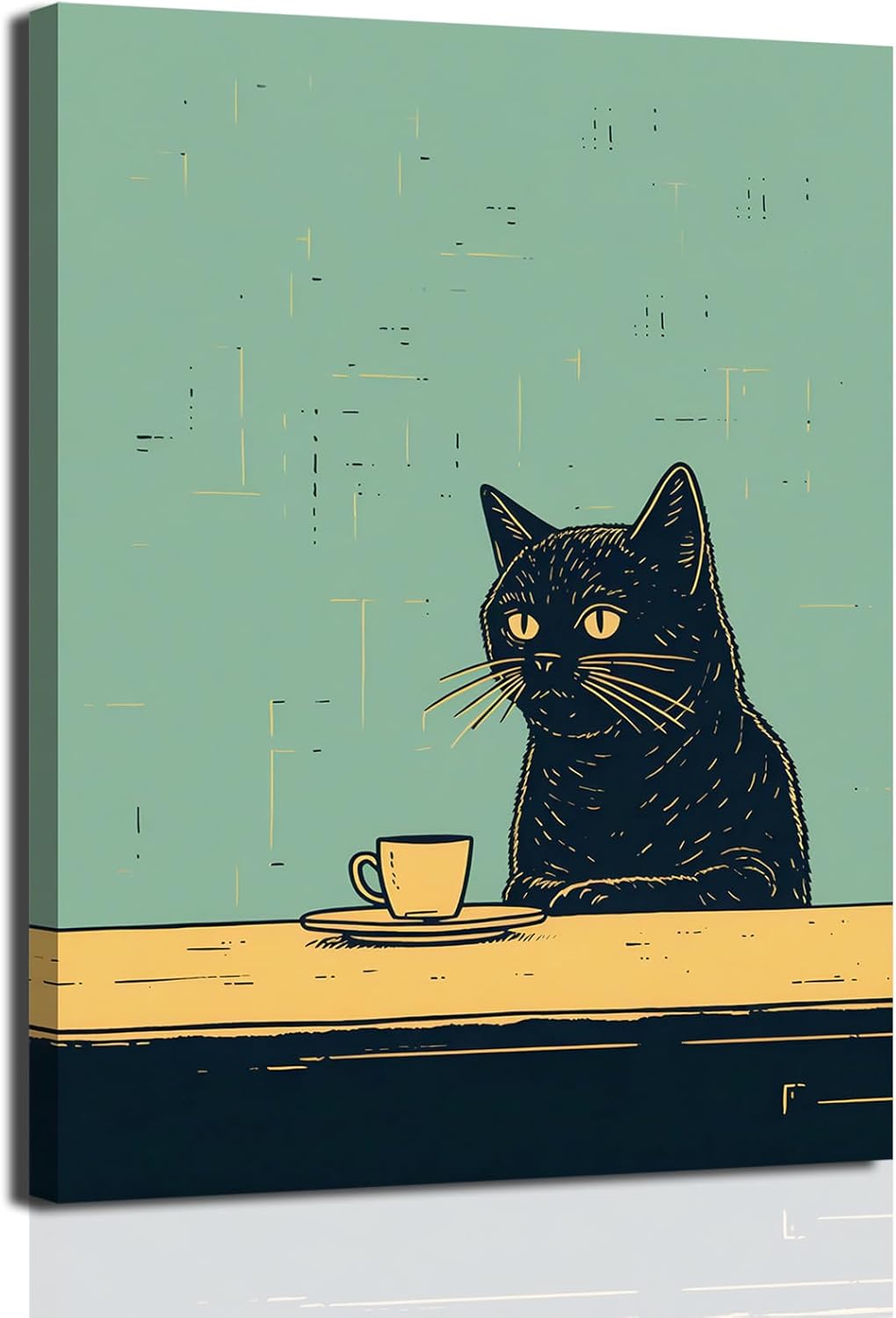 Funny Black Cat Wall Art Cute Cats With Coffee Wall Decor Paintings Eclectic Animal Meme Canvas Poster Prints Aesthetic Whimsical Pet Kitty Picture for Dining Room Cafe Kitchen Framed 16x24 inch 24"L x 16"W Black