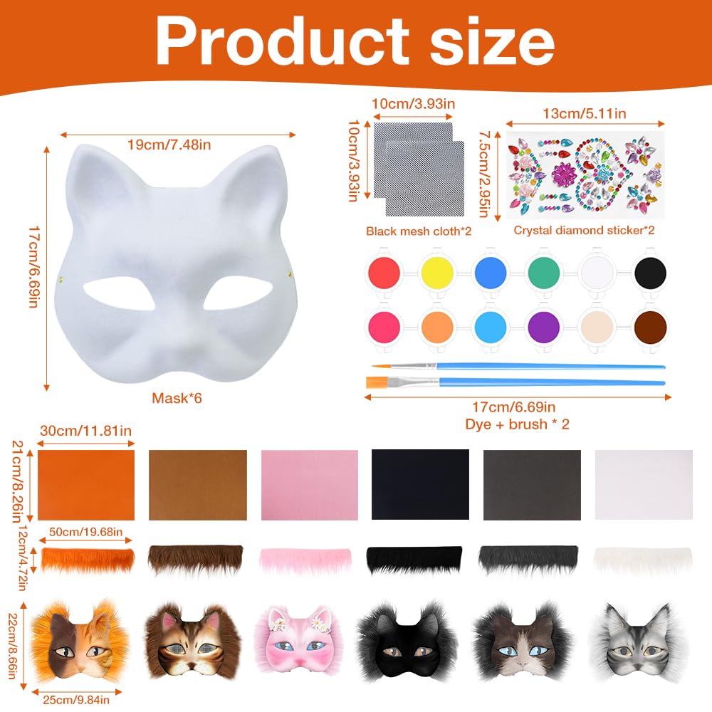 Maschera Gatto, 6 Pezzi Therian Mask, Maschere Dipinte a Mano, Maschera da Gatto Bianca, Mascherina di Carta Bianca di DIY per DIY Cosplay Feste Maschera Carnevale Halloween