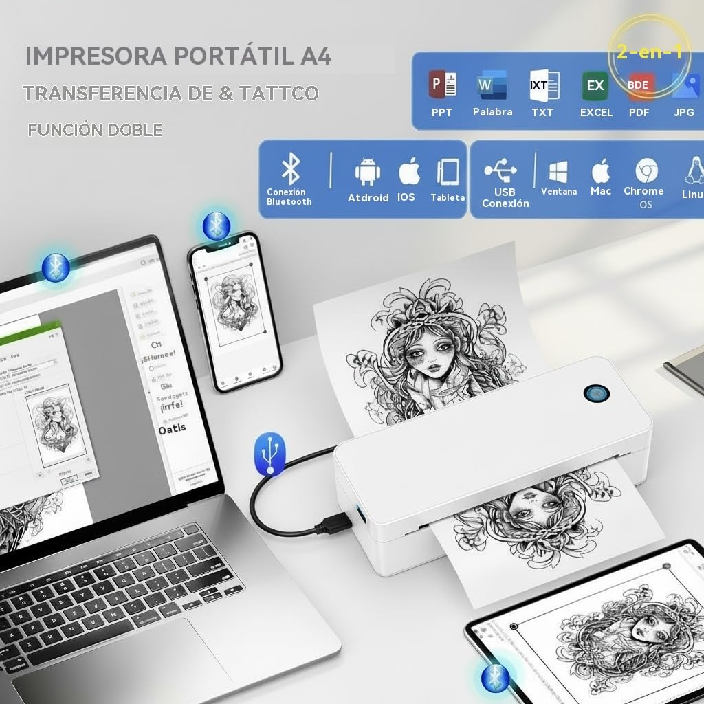 A401 Impresora de Plantillas para Tatuajes Bluetooth, 300DPI Impresora Térmica Portátil para Transferencias y Papel A4, Inalámbrica para Principiantes y Profesionales