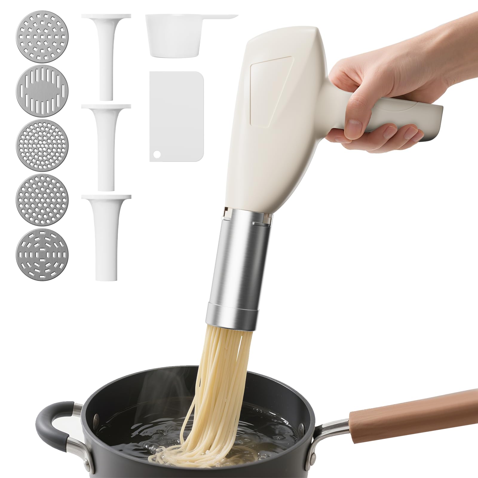 Elektrische Nudelmaschine 80W Kabellos mit 2000mAh Akku 5-in-1 Aufsätzen Wurstfüller für Frische Pasta