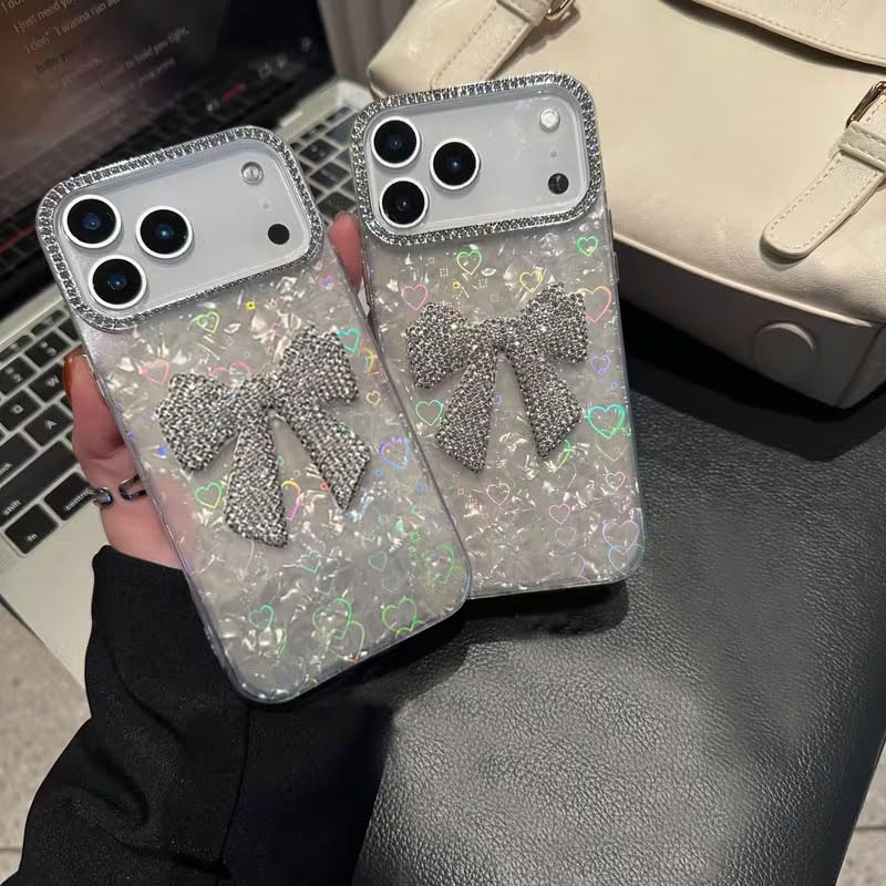 Image of mobistyle Compatible with iPhone 17 Pro | Rhinestone Bow Elegant Heart Shell Pattern and Camera Lens Protection Back Cover Case for Women Girls iPhone 17 Pro (White)