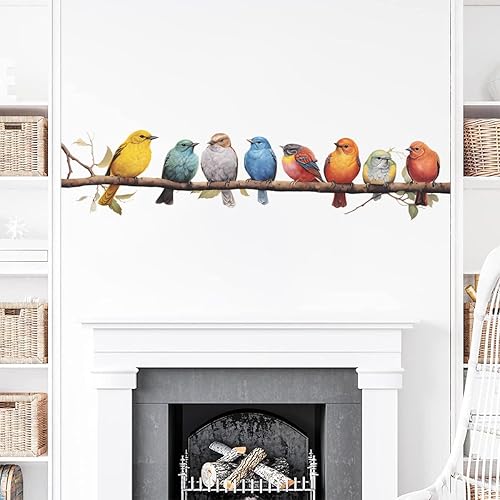 Miniatura 5 de Paquete de 2 calcomanías de pared de acuarela de pájaros en rama, despegar y pegar, calcomanías de pared de vinilo para sala de estar, dormitorio de