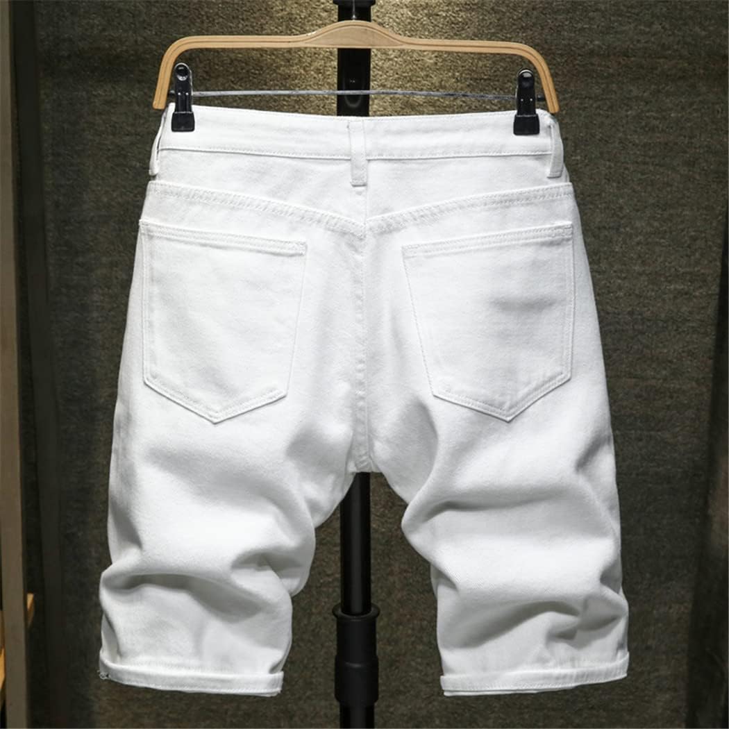 KEHAIOO Summer Men White Ripped Hole Denim Shorts Slim Casual Knee Length Short Straight Hole Jeans Bermuda Shorts