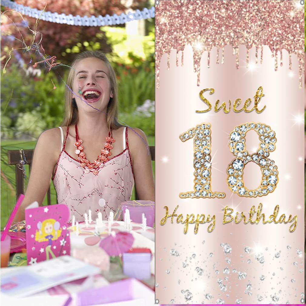 18. urodziny dziewczyna dekoracja, Door Banner Sweet 18 urodziny różowe złoto, materiał tabliczka 18. urodziny plakat z zawieszonym banerem, 18. urodziny banner dla dziewczynek dekoracja urodzinowa