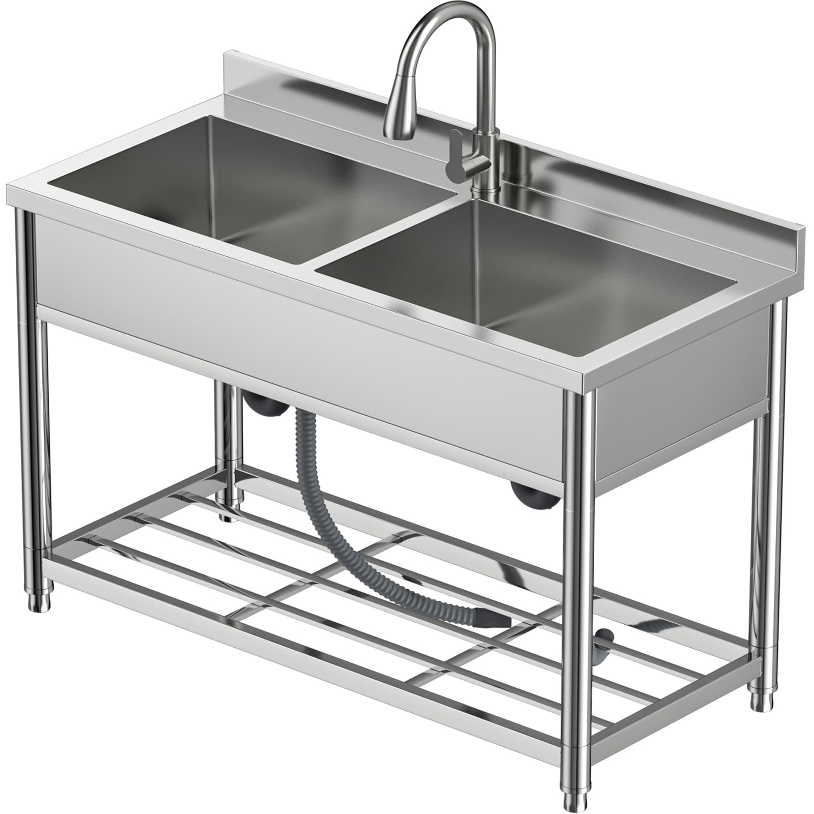 Lavello Indipendente in Acciaio Inox 2 Vasche, Lavandino Industriale con Rubinetto, Lavandino da Esterno, Lavello Professionale per Cucina, Garage, Lavanderia, Ristorante, 55P x 120L x 94H cm
