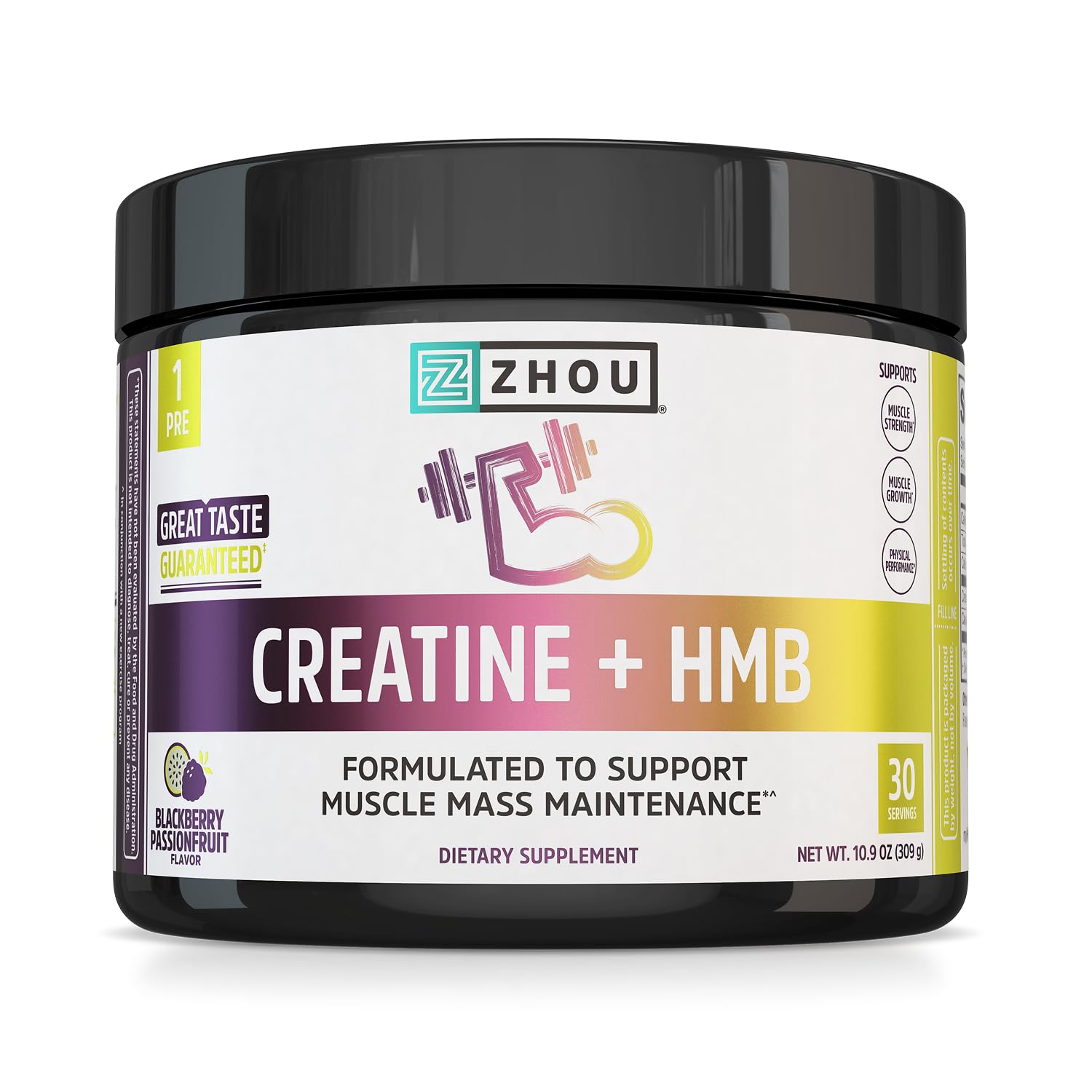 Zhou Creatine Plus HMB Powder - Muscle Growth, Power Support, Endurance, and Exercise Performance Support - BlackBerry Passionfruit Flavor - Vegan, Gluten-Free, Non-GMO - 30 Servings, 10.9 oz