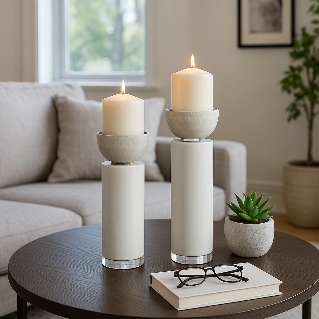Elegant Pillar Candle Holders for Home Decor - Modern Candlestick Holders for Dining Table Centerpieces, Entryway, or Console - Decorative Candle Stand Holders for Shelf Set of 2-13", 11" White