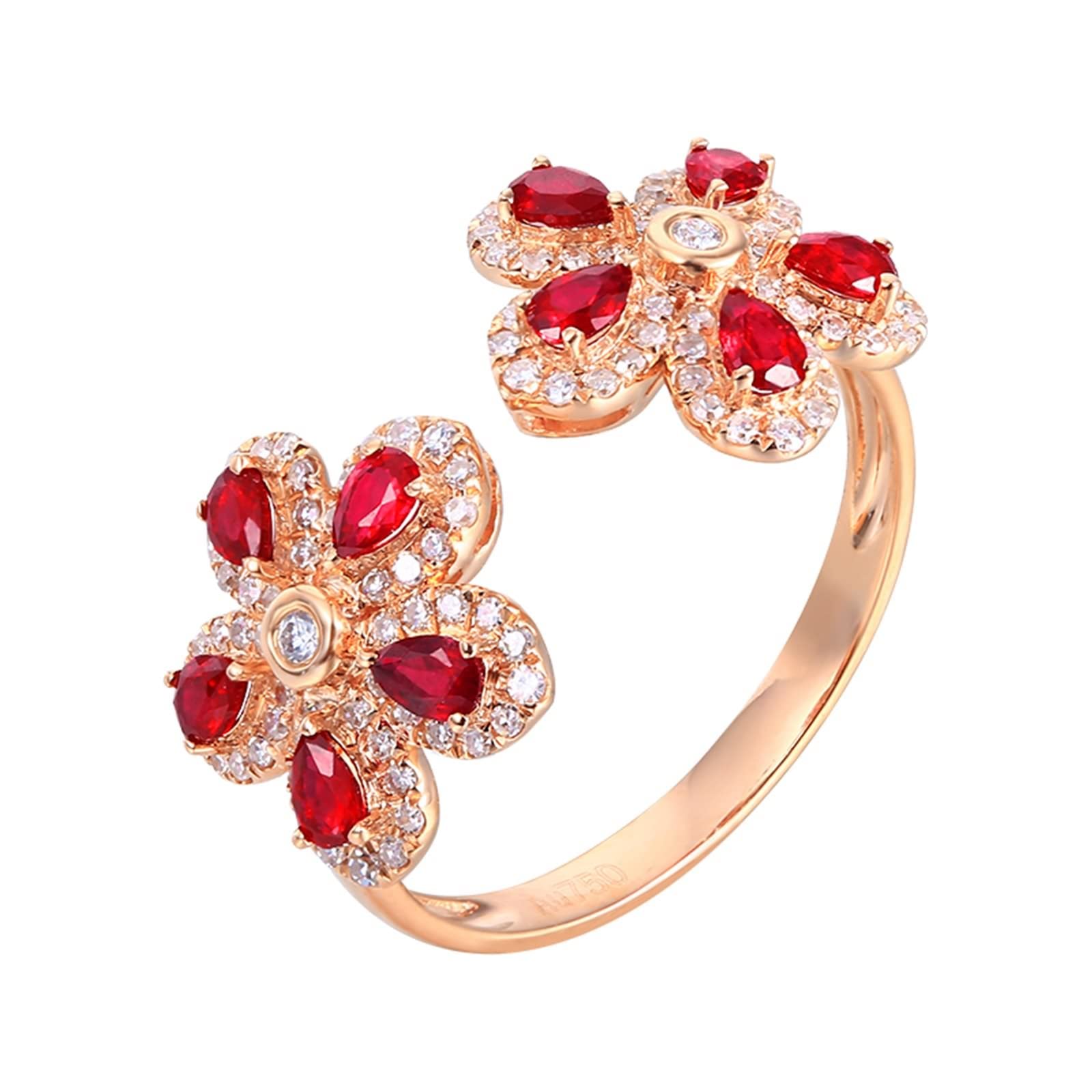 KnSam Au750 - Anillo de boda de oro rosa de 18 quilates, para mujer, color rojo rubí, doble flores, oro rosa, Au750 con diamantes de joyería auténtica