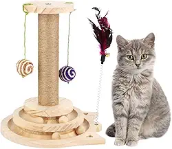 Brinquedo para gatos com arranhador de sisal, bolas penduradas e trilhos de duas camadas, poste interativo para arranhões e brinquedos de madeira para gatos e gatos em ambientes internos