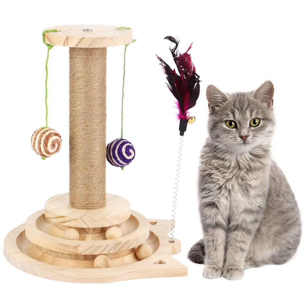 Poste rascador para gatos con bolas colgantes y juguete de madera BOSREROY