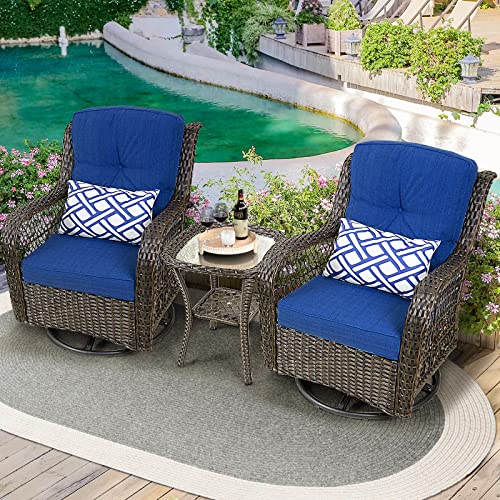 Auzfy 3 Pieces Outdoor Patio Swivel Rocking Chair Sets Pe Wicker Rattan Patio Bistro Set 360-Degree Outdoor Swivel Rocker With Pillows & Coffee Table, Blue Cushions & Dark Brown Wicker #TOP2