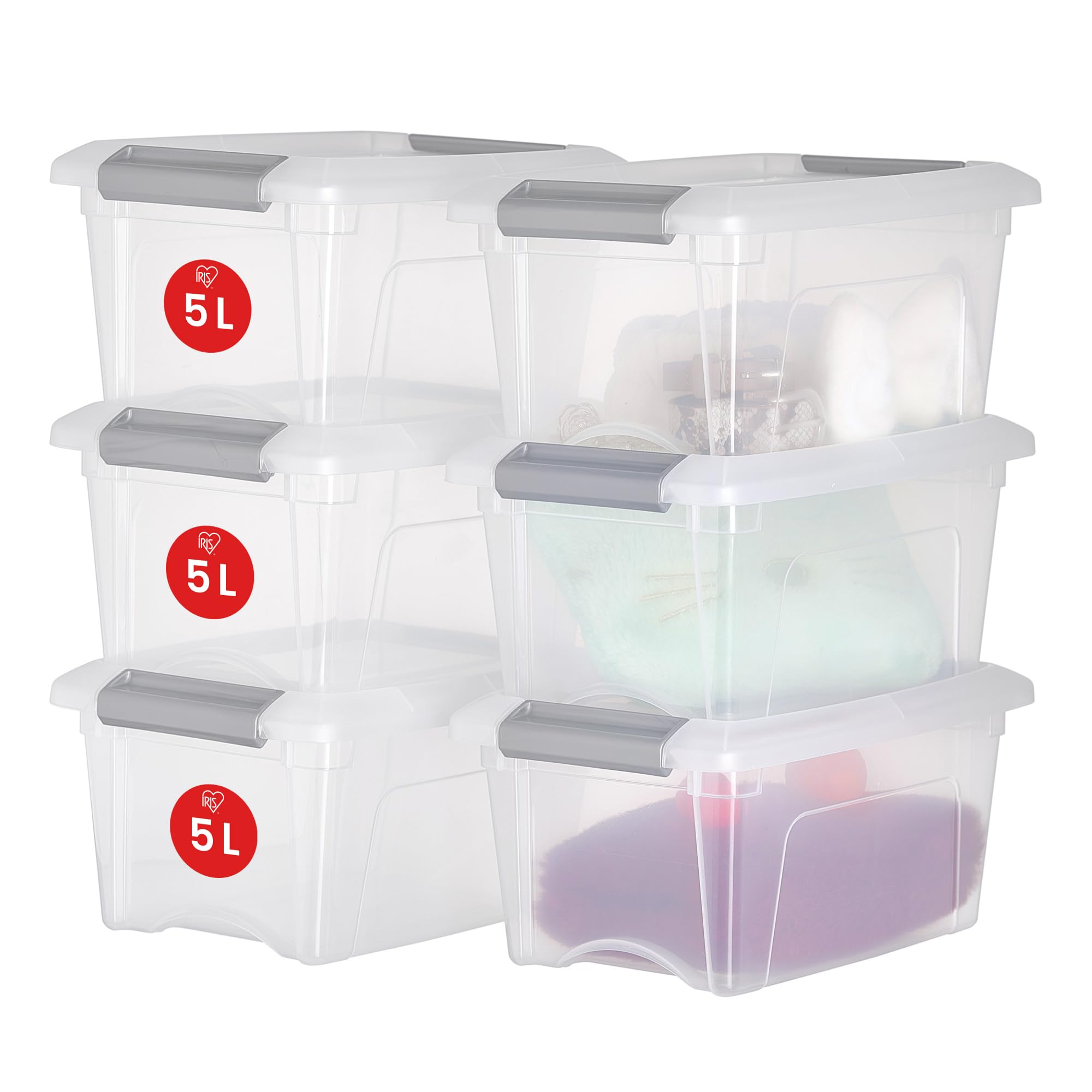 Iris Ohyama 6 Cajas de almacenamiento con tapas, 5L, Plata, Clips de Cierre, Duradero, Apilable, para Dormitorio, Armario, Oficina, Organizadora, Ropa y Zapados, Libre de BPA, NTB-5