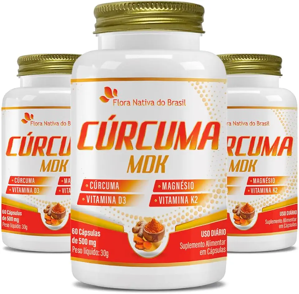 Cúrcuma MDK (Cúrcuma, Magnésio, Vitamina D3, K2) Kit 3x 60 Cápsulas Cada - Flora Nativa do Brasil