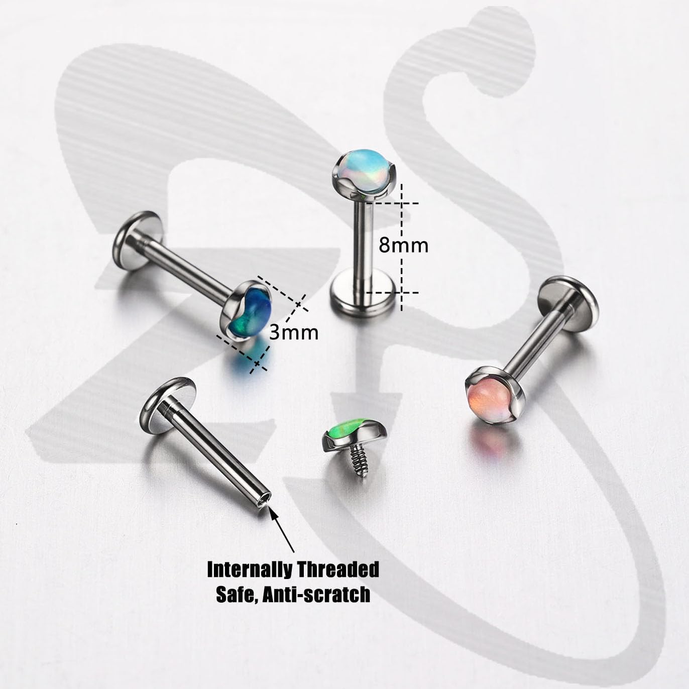 ZS ASTM F136 Titanium 16G 8mm Medusa Piercing Jewelry for Conch, Tragus, Helix, Labret, Cartilage - Flat Back Earrings Hypoallergenic Internally Threaded Opal Ashley Piercing Lip Jewelry