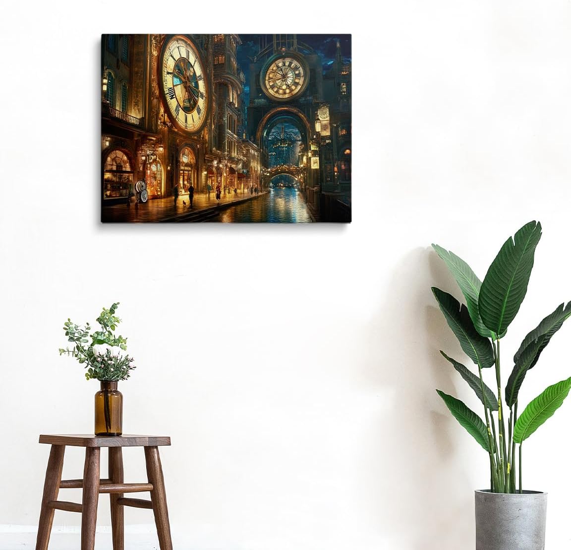 Steampunk City Wall Art Nighttime Canal Scene Fantasy Industrial Architecture with Glowing Clock Tower Poster for Bedroom Office or Living Room Decor 16x20in Large Frame wall art