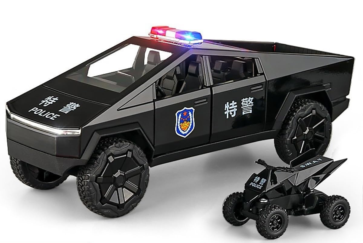 MTG Metro Toys & Gift - Tesla Cybertruck-Police | 1:24 Scale | Die-cast Model Metal Pull Back Toy car for Kids with Openable Doors & Light, Music Toy Vehicle for Kids 【Colors as Per Stock】