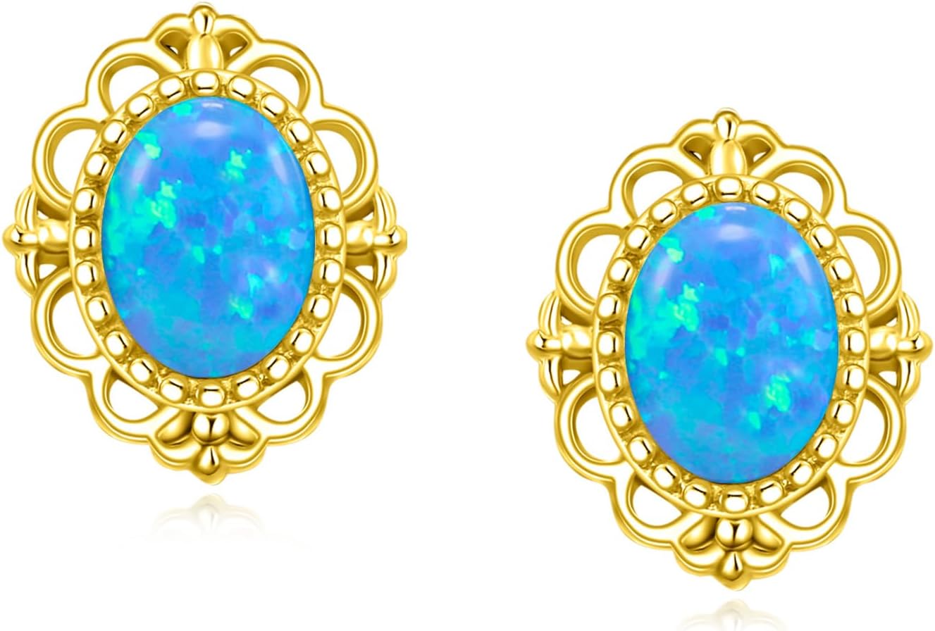 14k Solid Gold White/Blue Opal Stud Earrings for Women Yellow Gold Oval Opal Vintage Stud Earrings Fine Jewelry for Her Wife Mom Gifts for Valentine's Day Birthday Anniversary