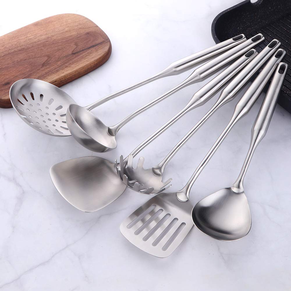 Juego de utensilios de cocina de acero inoxidable, 10 piezas, incluye cucharas, volteadores, espátula y cucharón para cocina moderna