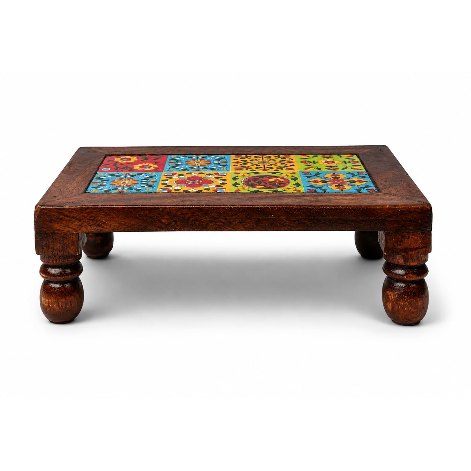 wooden pooja chowki with colorful tile design rectangular stool for sitting antique style, multipurpose style puja chaurang for home temple, office & spiritual decor, small