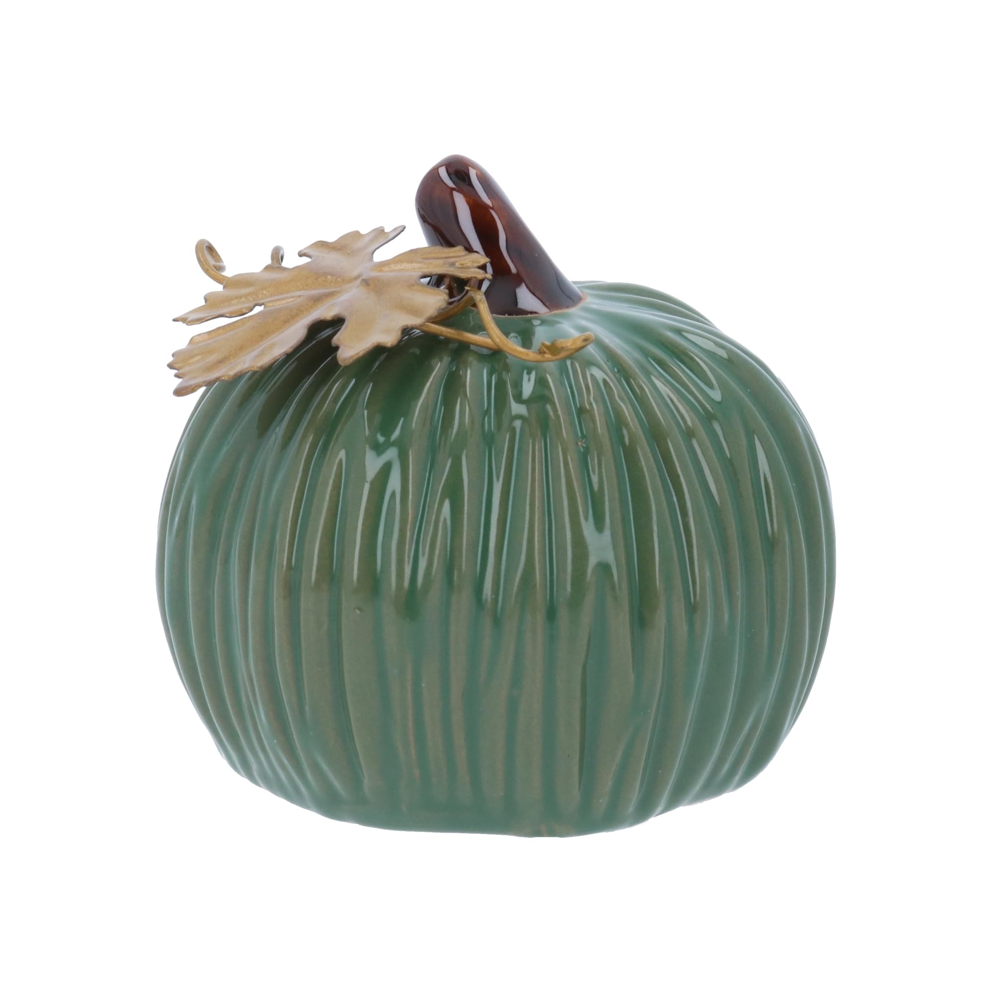 Gisela Graham Green Stoneware Mini Pumpkin Ornament With Gold Leaf (Green)