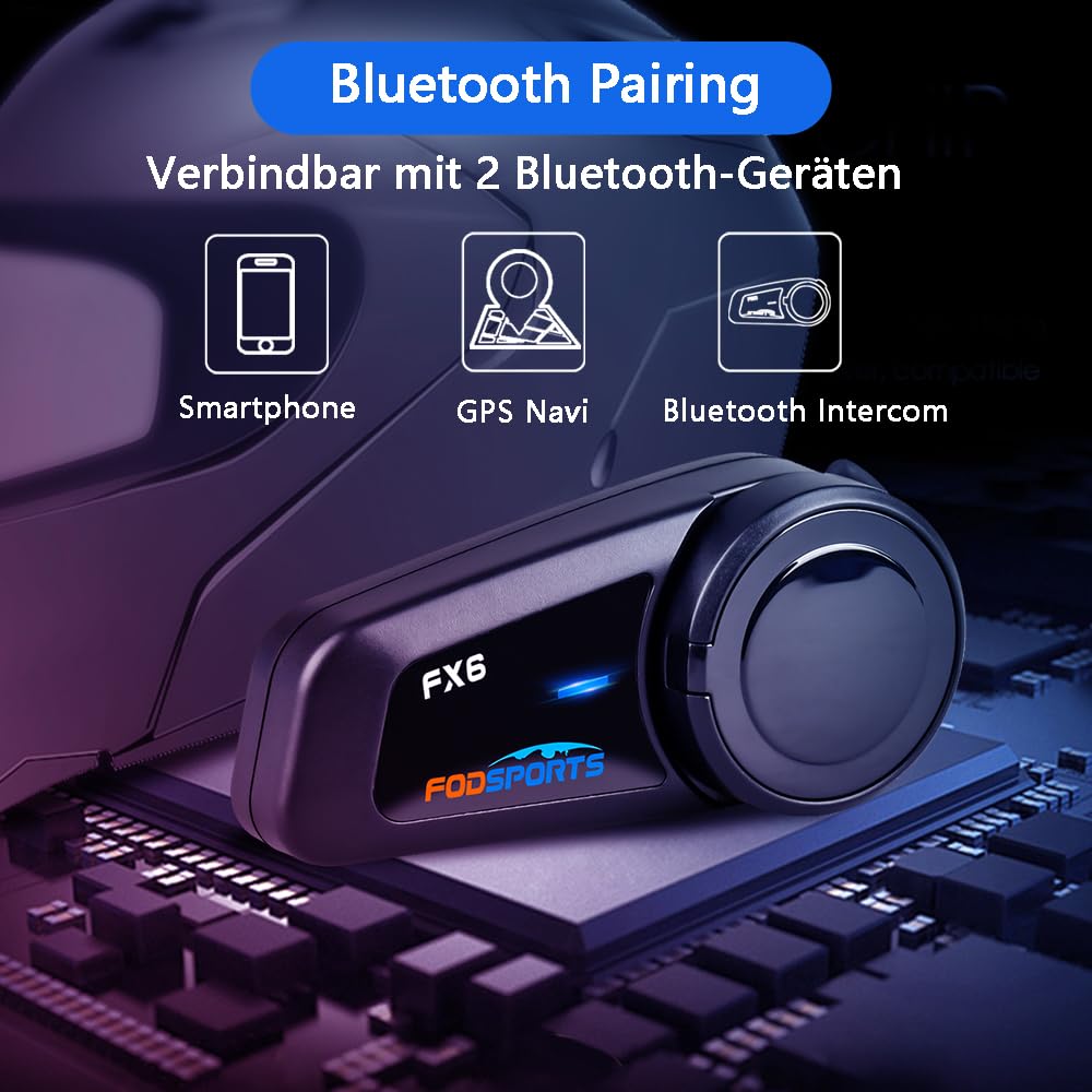 Fodsports FX6 Motorrad Bluetooth Headset 2 Packung, Motorradhelm Intercom mit 40mm HD Lautsprecher, Gegensprechanlage mit Mehrfache Rauschunterdrückung, Kommunikationssystem für 6 Fahrer mit 1000m