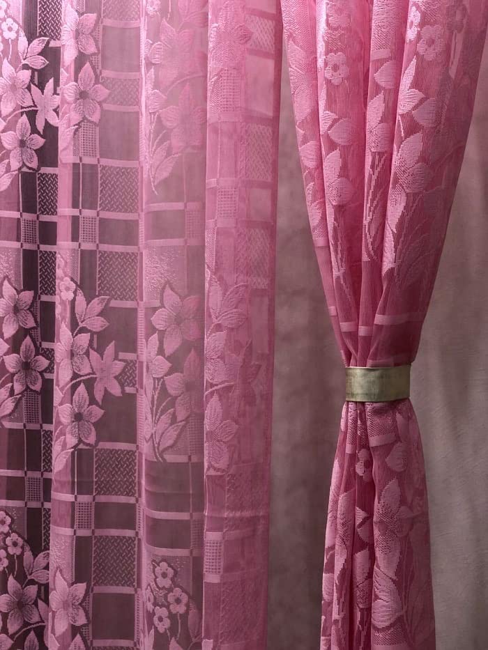 Image of Honger Polyester Beautiful Floral Design Imported Net Tissue Pack of 2 Pecs Curtains for Pink Florra Net for 4 x 7 Feet Door Curtains
