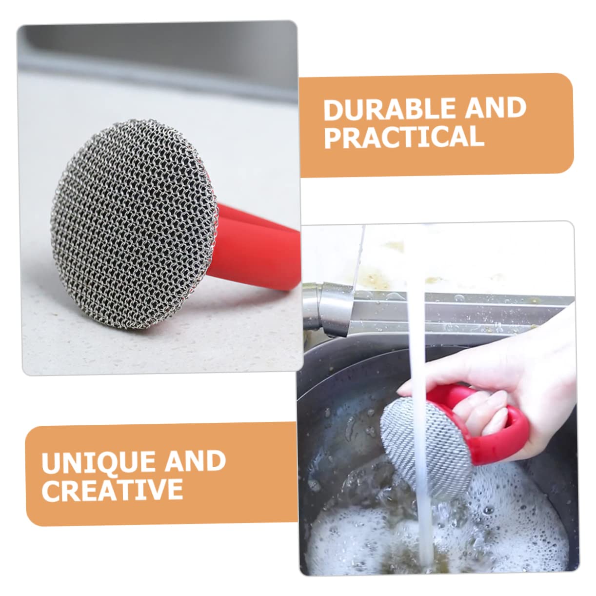 Didiseaon Cepillo De Alambre De Acero Inoxidable con Mango Largo, Cepillo para Limpiar Platos y Ollas, Resistente, Diseño Ergonómico, Color Rojo, Uso Doméstico, Herramienta De Limpieza De Cocina