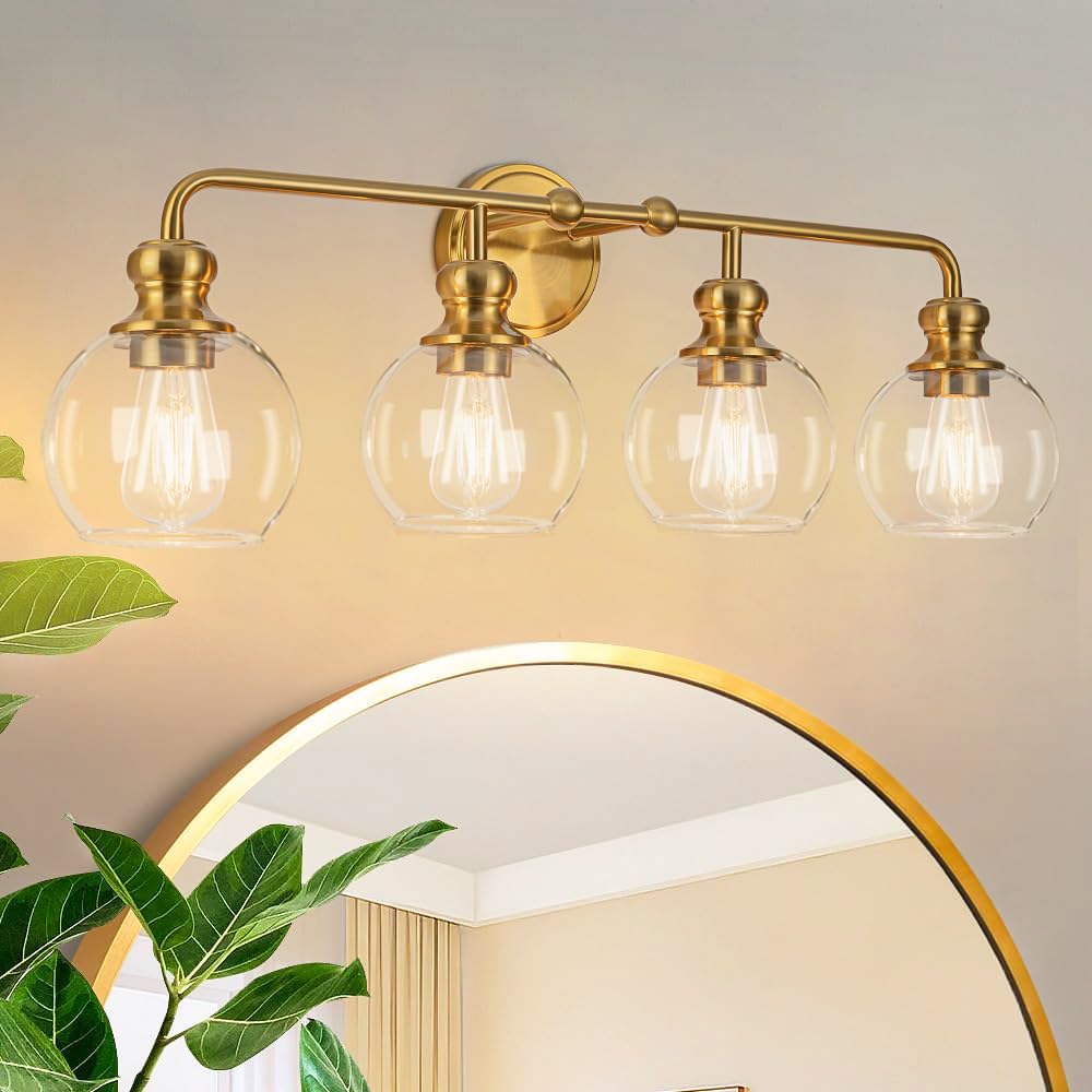 Bathroom Light Fixture, 4 Light Gold Vanity with Globe Glass Shade, Wall Sconces for Bathroom, Bedroom, Hallway (Gold, 22.4 x 5.9 x 9.0 inches)