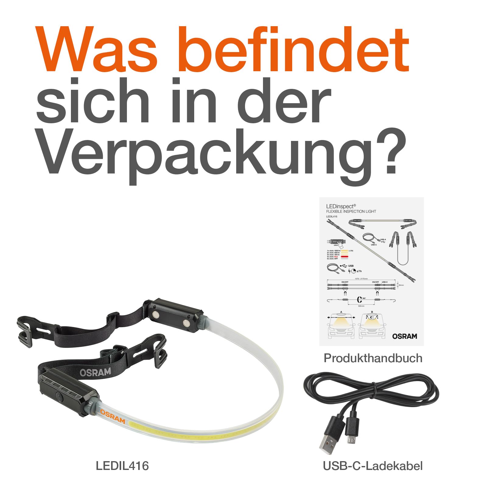 Osram LEDinspect Flexible Inspection Light, wiederaufladbare LED-Inspektionsleuchte, 6000K, Helligkeit bis zu 1000lm, abnehmbare elastische Bänder