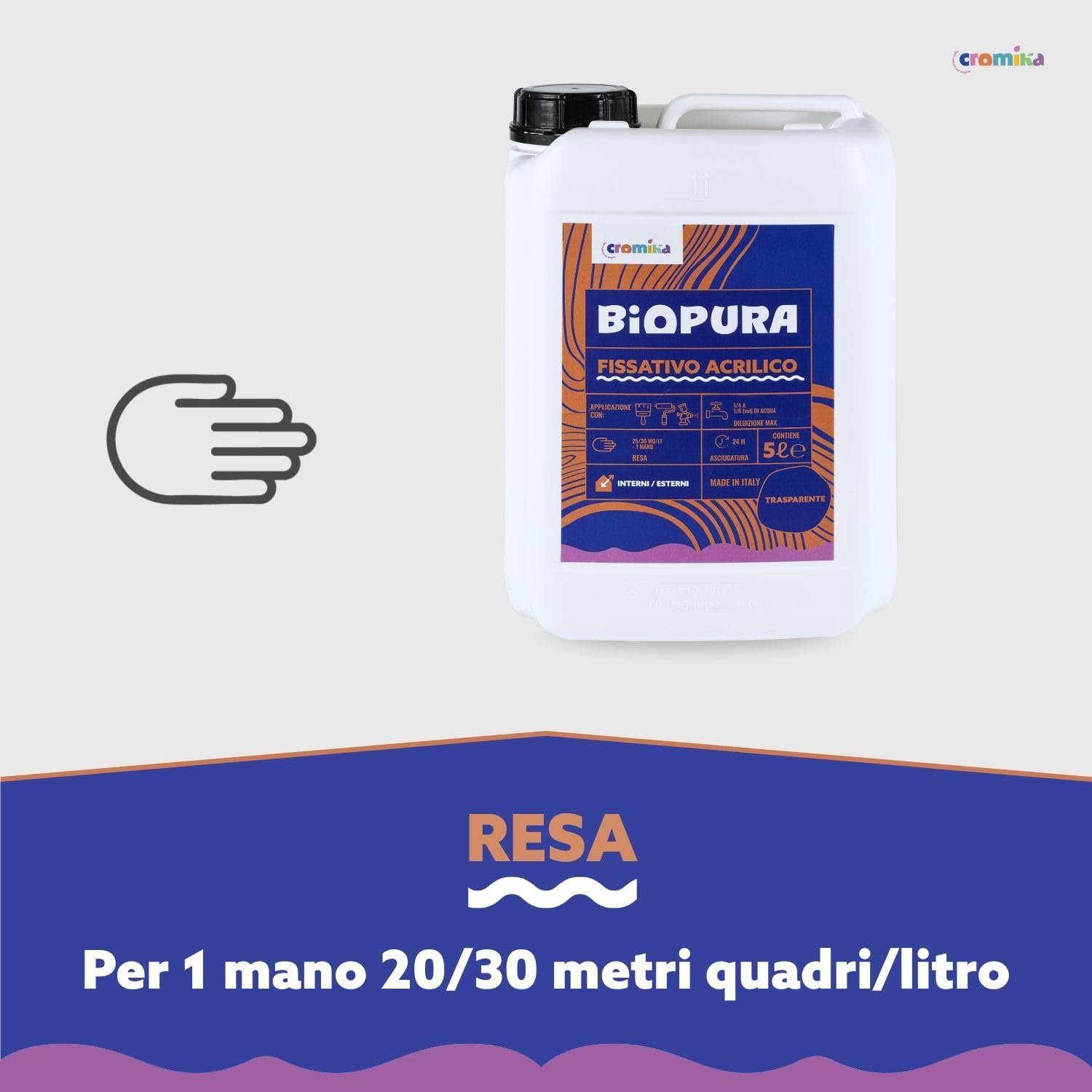 Cromika BIOPURA Fissativo Acrilico Trasparente per Interni ed Esterni, Isolante ad Acqua per Muri Made in Italy (Trasparente, Litri 5)