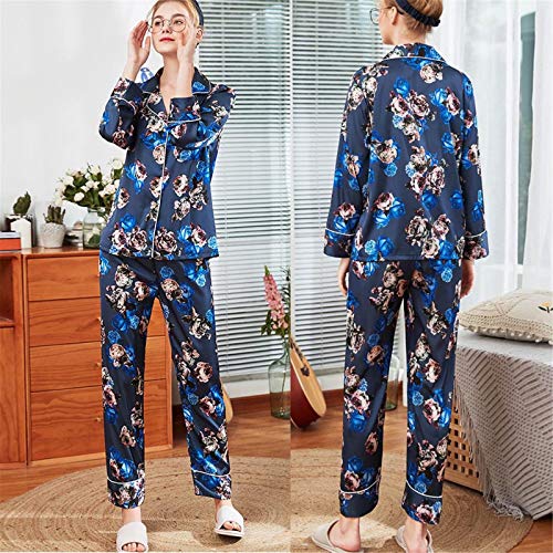 Nightgown Womens Printed Long Sleeve Button Down Nightshirt Satin Top Pants Sets Lingerie for Ladies