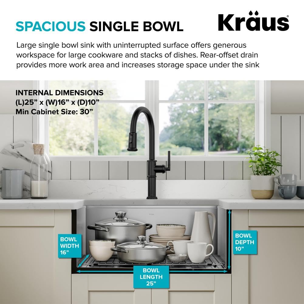 KRAUS Kore KWF210-27 Tablier de ferme en acier inoxydable de calibre 16 avec accessoires 68 cm