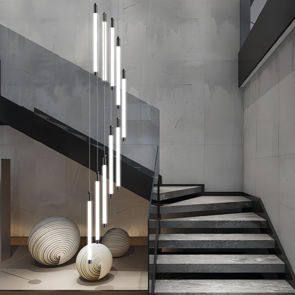 LYSDjia Modern large staircase chandelier LED height adjustable Pendant Light black iron creative high ceiling chic lighting suitable for hotel villa bar lobby decorative Hanging Lamp(Color:White ligh