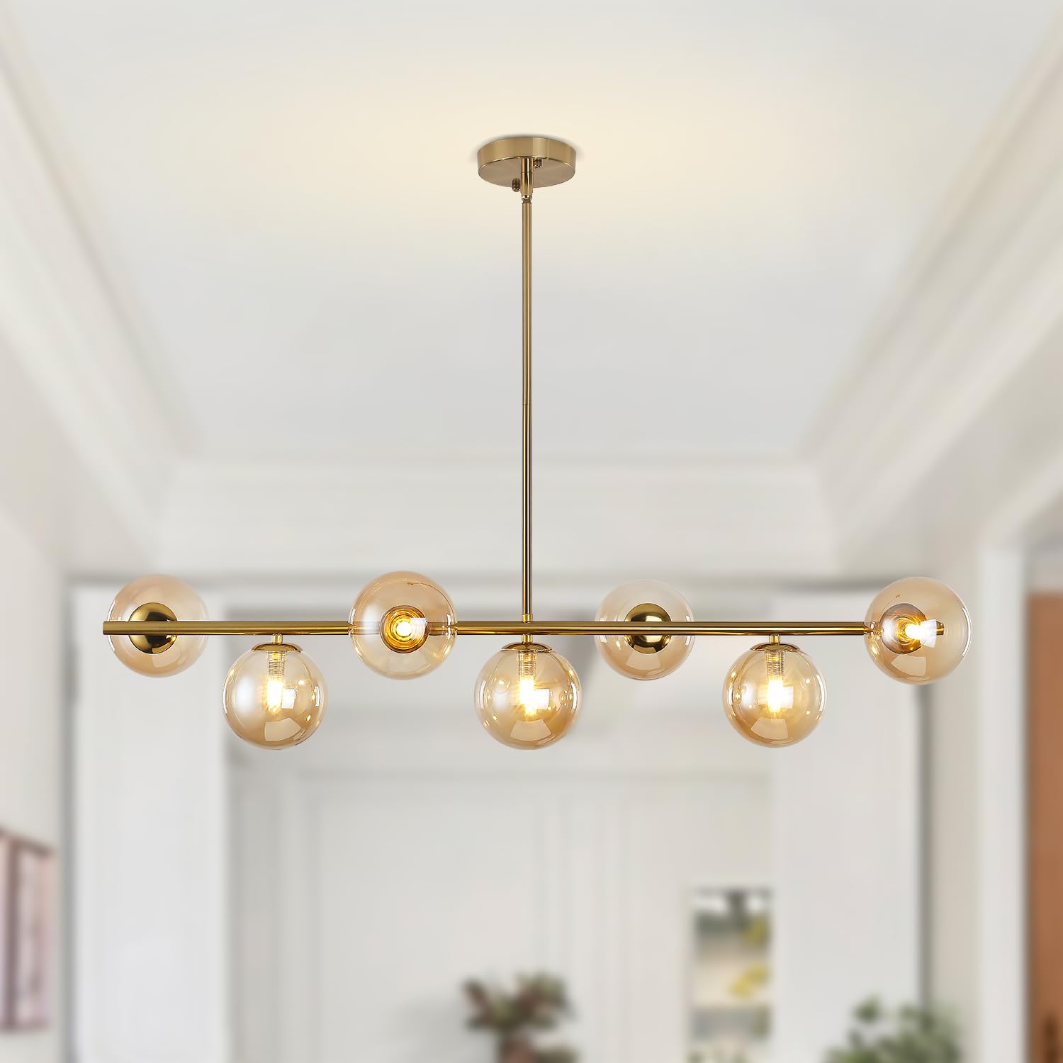 Modern Brass Linear Chandelier 7 Lights Gold and Amber Glass Globe Pendant Lighting Mid-Century Globe Chandeliers for Dining Room Light Fixture for Living Room Kitchen Island Foyer