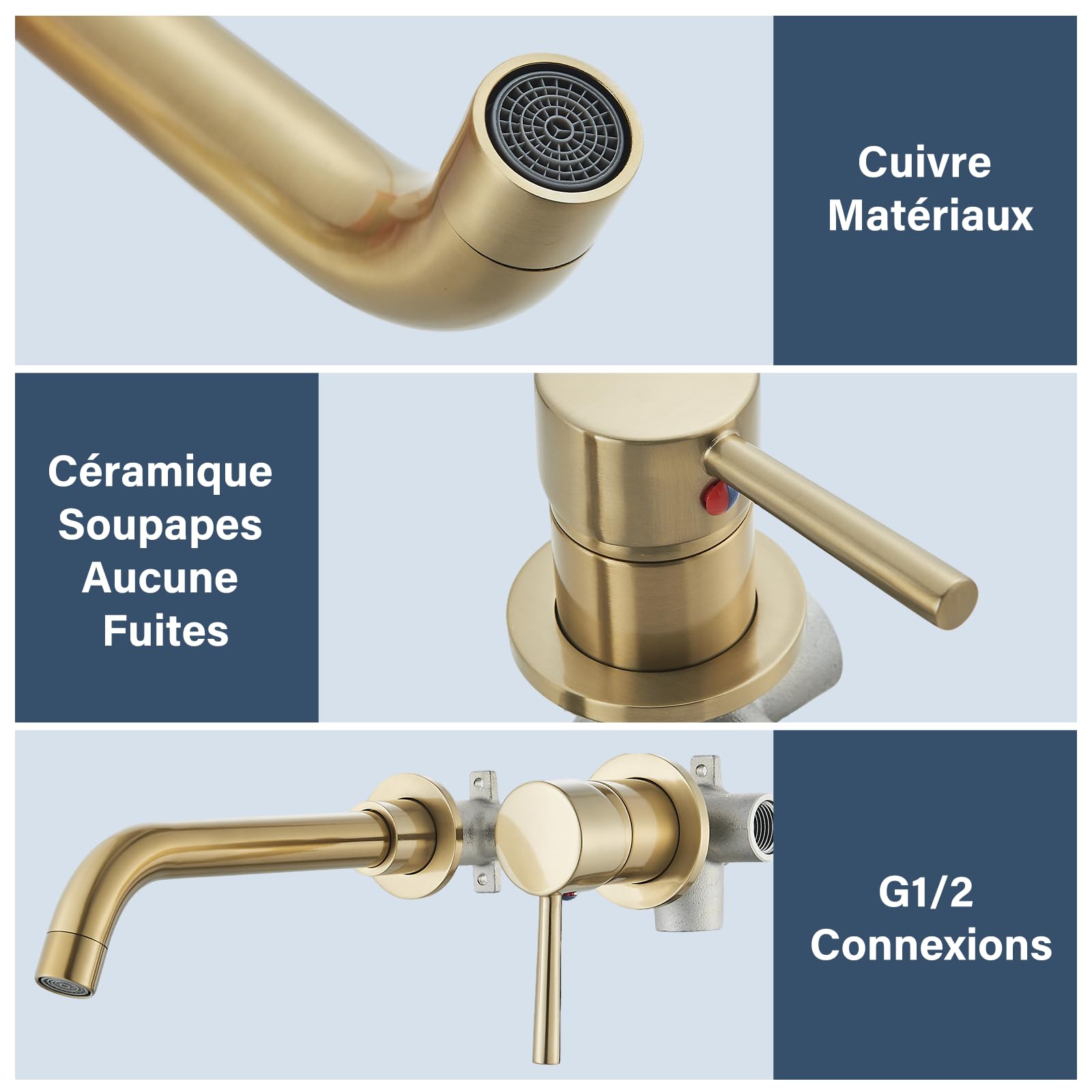 Miscelatore per lavabo a parete girevole a 360 gradi, rubinetto da bagno per vasca e lavabo, rubinetto da incasso, lavabo a parete, design moderno, oro spazzolato