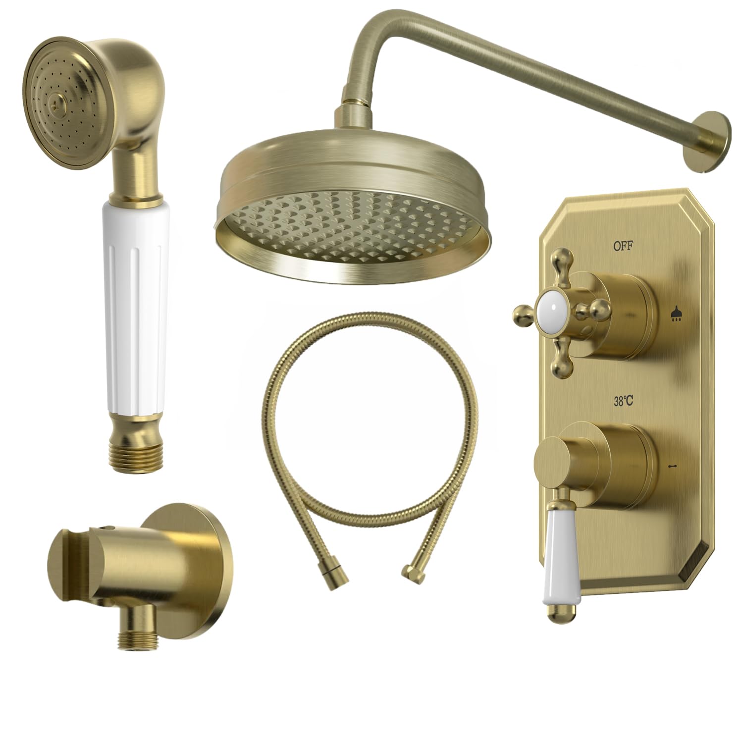 Baystone Brushed Brass Baystone® Bathroom Thermostatic Mixer Shower With Round Rainfall Drencher Head Handset & Concealed Valve Wall Mounted Traditional,