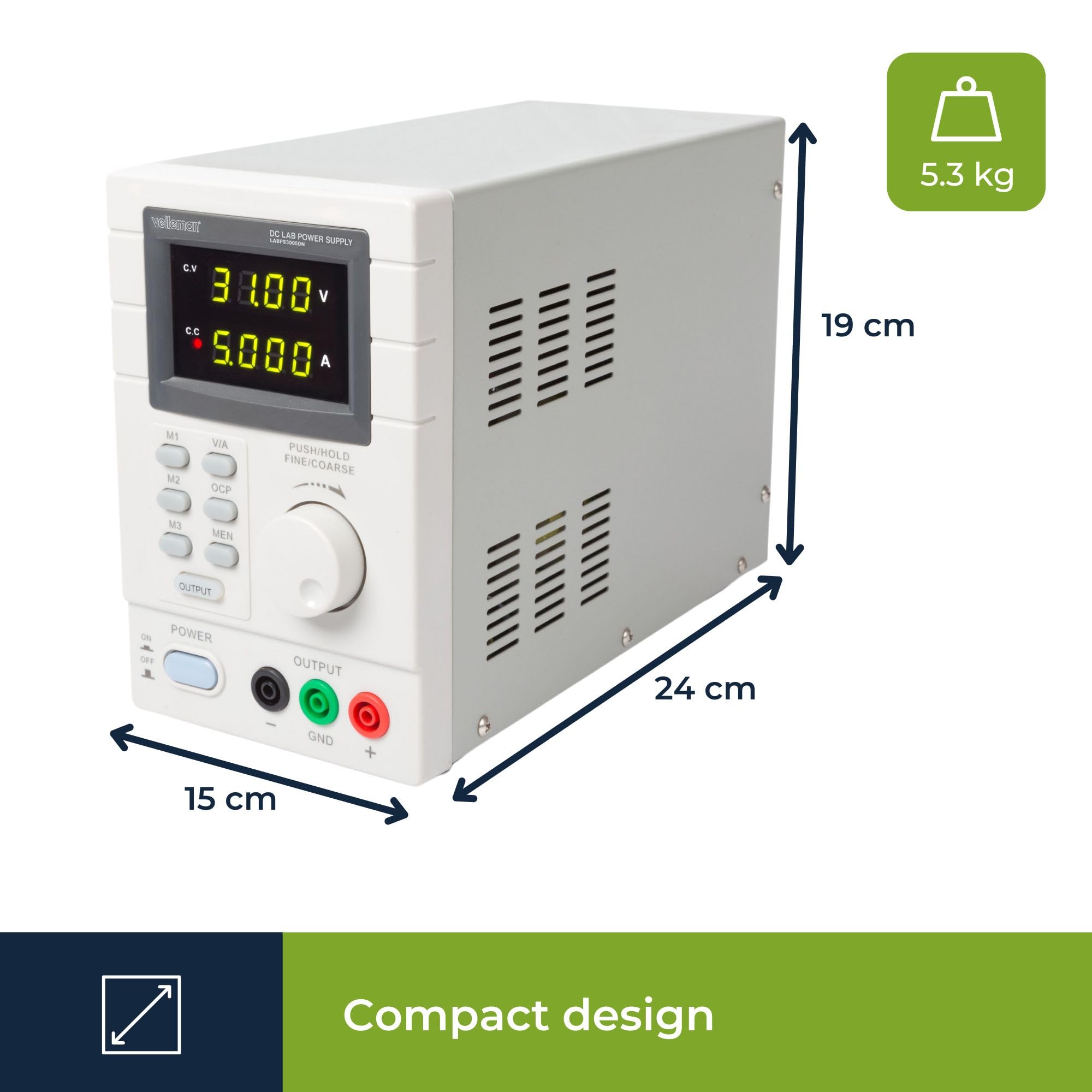 Velleman Alimentatore Lab, programmabile, regolabile, 0-30 VDC/0-5 A, limite di corrente, protezione da cortocircuito, display LCD, connessione USB, grigio