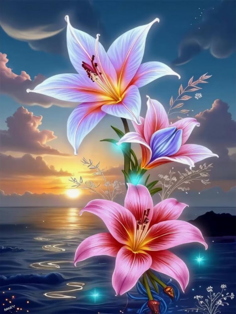 FanZheZhe Stamped Cross Stitch Kits for Adults Tapestry Kits for Adults Cross Stitch Kits Cross Stitch Kitscross Stitch Counted Cross Stitch Kits Sunrise, Lilies 11Ct40X50Cm