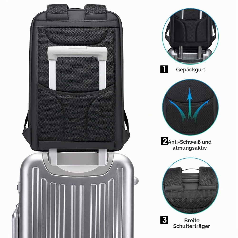 BANGE Anti-Diebstahl-Rucksack mit USB-Ladeanschluss, leichter Business-Rucksack für Damen und Herren, Schwarz (Upgrade) All