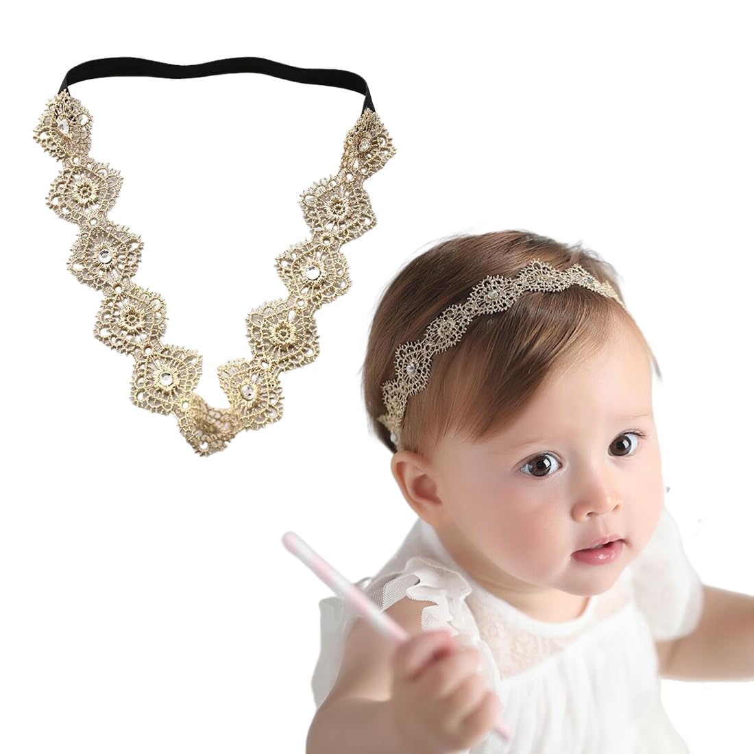 QEQSHQO Baby Hair Band Girls Headband Gold Lace Headdress Christening Wedding Photography Elastic Soft