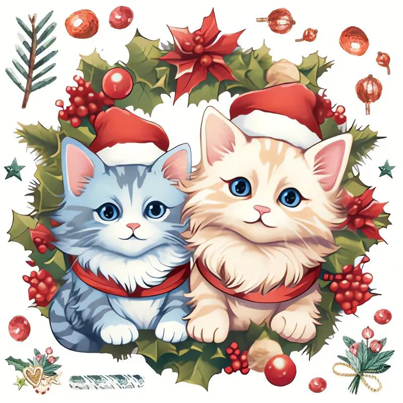 Christmas Couple Cats Toilet Cover Sticker Decals,Fish Bird Flower Leaf Waterproof Toilet Lid Tank Seat Decals Cistern Self-Adhesive Bathroom Wall Sticker
